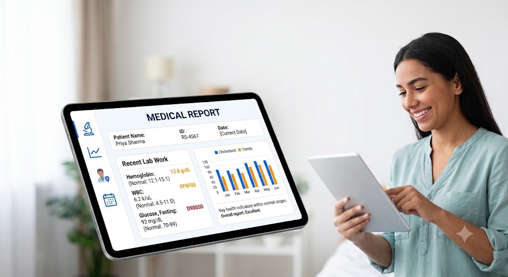 Femme souriante consultant ses résultats médicaux sur une tablette